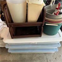 Assortment of totes, buckets, small trash cans.