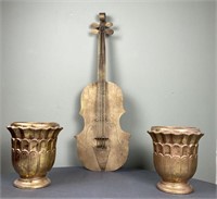 Metal Violin Decor and Gold Planters