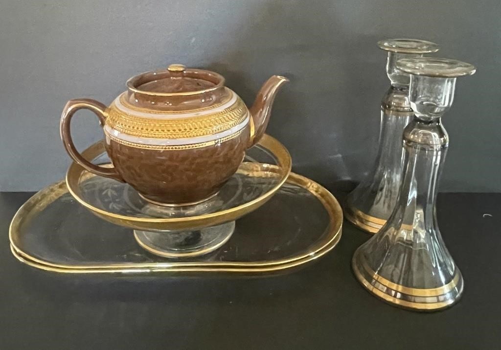 Gold Banded Glassware and Tea Pot