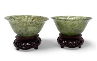 Pair of Chinese Spinach Jade Bowls with Stands.