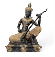 Thai Bronze Figure of Man Playing a Sitar.