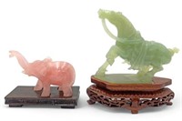 Lot: Rose Quartz Elephant & Serpentine Horse.