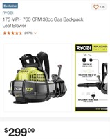 Ryobi 760CFM 38cc 2 Cycle Backpack Blower