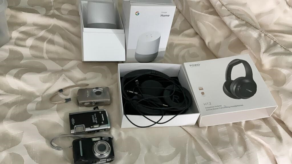 3 digital cameras, headphones & google home