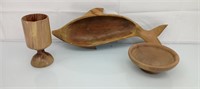 Wooden dolphin tray, goblet and bowl