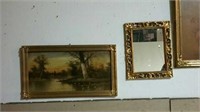 Oil on board framed picture and gold framed mirror