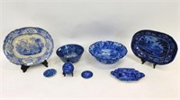(8) pieces blue Staffordshire to include a large