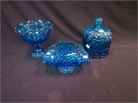 Four blue Moon & Star items: 8" high covered