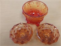 Pinkish Red Candy Dish & 2 Candle Holders