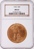 1922 SAINT GAUDENS DOUBLE EAGLE GOLD COIN MS63 $20