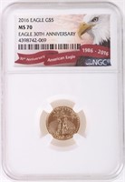 2016 AMERICAN EAGLE 1/10OZ FINE GOLD $5 COIN MS70