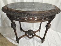 Baroque Style Carved Wood Oval Table w Marble