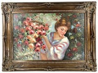 Lg. Framed Oil on Canvas Woman Gathering Flowers