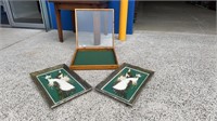 TIMBER DISPLAY CABINET AND 2 SHELL PICTURES