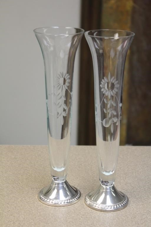 Pair of Etched Glass Stem Vases