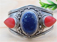 LAPIS, RED CORAL AND METAL CUFF BRACELET ROCK STON