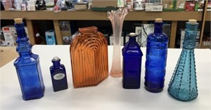 Lot of Assorted Coloured Glass Bottles +