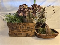 Wood Crate, Basket, Pottery Bowl & Plants