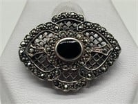 Sterling Silver Onyx & Marcasite Pin