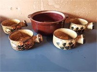 Stoneware soup crock  & 4 ceramic bowls