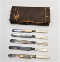 5 Cased Mother of Pearl Handle Silver Plate Knives
