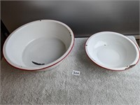 2 Red Rimmed Enamel Bowls- 1 Large 1 Smaller