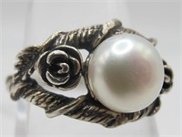 STUNNING STERLING SILVER PEARL SIGNED RING SZ 8.5