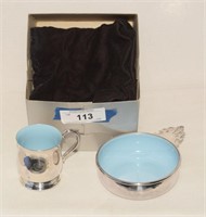 Reed & Barton Silverplated, Blue Enamel Cup & Bowl