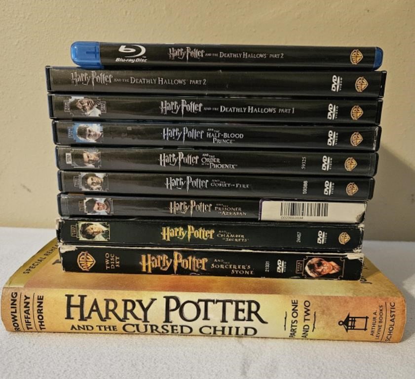 HARRY POTTER LOT OF DVDS, BLURAY AND NEW BOOK