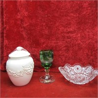 Jar w/lid, cut glass goblet(damage), bowl.