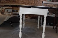 Vintage enamel table top on wooden base