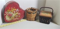 Vintage Heart Tin with Flowers and 2 Baskets
