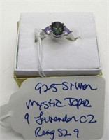 .925 Silver Mystic Topaz & Lavender CZ Ring Sz 9