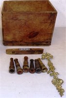 Wooden Crate, Brass Hose Nozzles & More