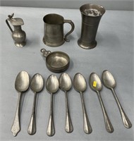 Pewter Tankard; Beaker; Spoons & Lot