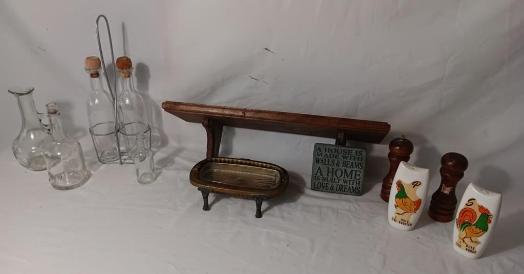 Wood Shelf, Glass Bottles, S/P Shakers, Metal