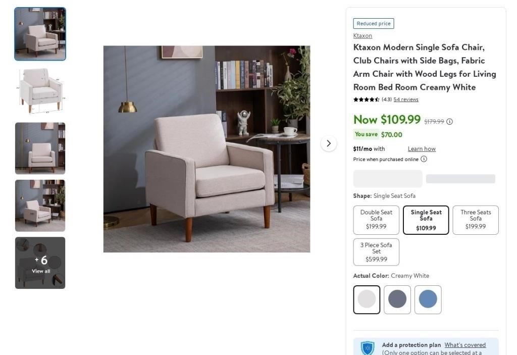 E6391  Ktaxon Single Sofa Chair, Wood Legs, Creamy