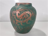 Green Vase w/ Copper Accents 7in Tall