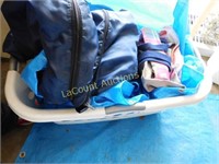 laundry basket w sleeping bag, tarp, purses