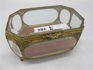 UNIQUE GLASS AND BRASS TRINKET BOX 10X7X5 IN