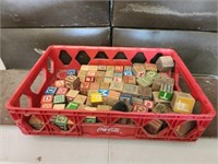 Crate full of vintage wooden playing blocks