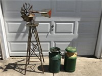 PAINTED METAL MILK CANS & HOMEMADE WIND TOWER
