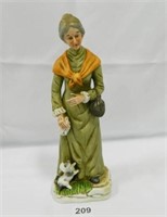 Figurine - Lady w/puppy; no markings; 13" h