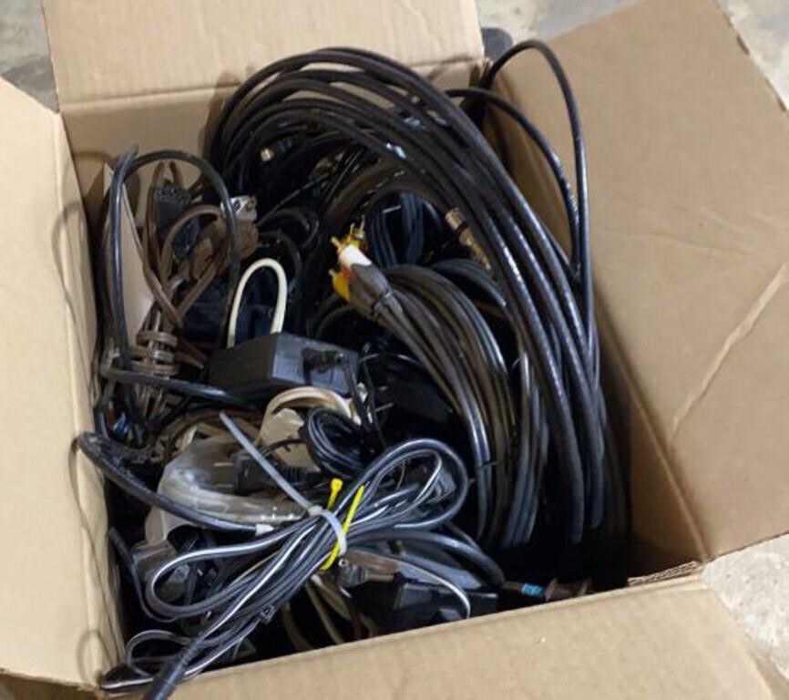 Box of Extension cords, Cable & Power supplies