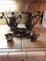 5 piece silver tea set- top broke on one piece