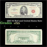 1963 $5 Red seal United States Note Grades vf+