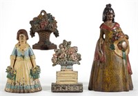 CAST-IRON FIGURAL LADY AND FLOWER DOORSTOPS, LOT