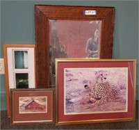 Oak Beveled Wall Mirror & Assorted Pictures