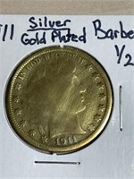 1911 silver gold plated barber 1/2 dollar
