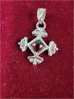 14k white gold hollow pendant red stone